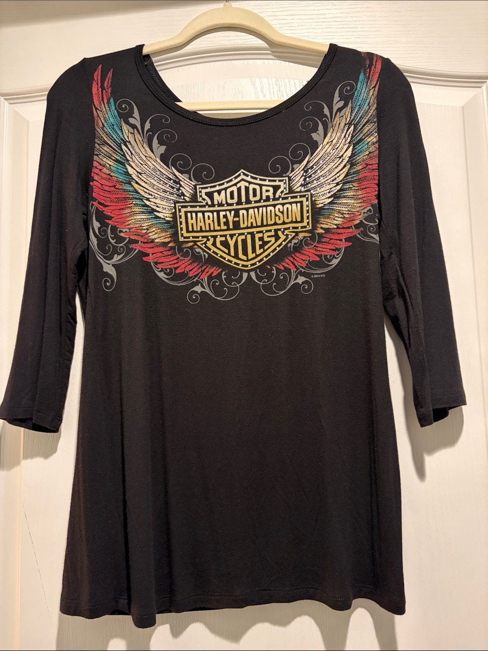 Harley-Davidson Black 3/4 Sleeve Tee with Colorful Wing Emblem